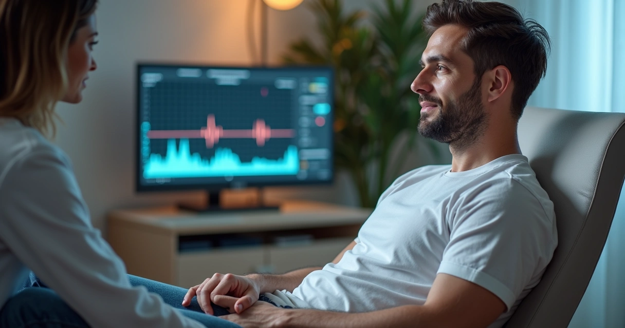 Homem usando sensores de biofeedback em consultório moderno 