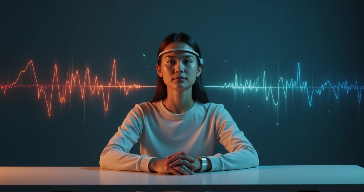 Person wearing biofeedback sensors with overlapping waves of stress and focus data around their head 