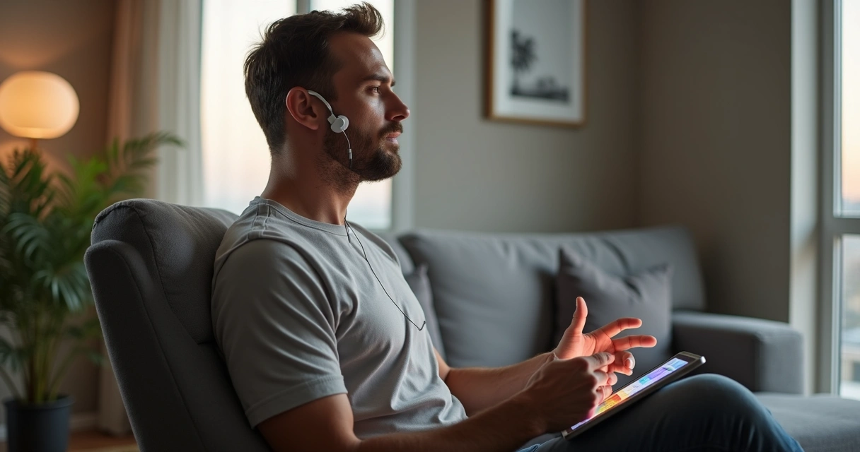 Homem com sensores de biofeedback realizando exercício corporal sentado em sala de terapia. 