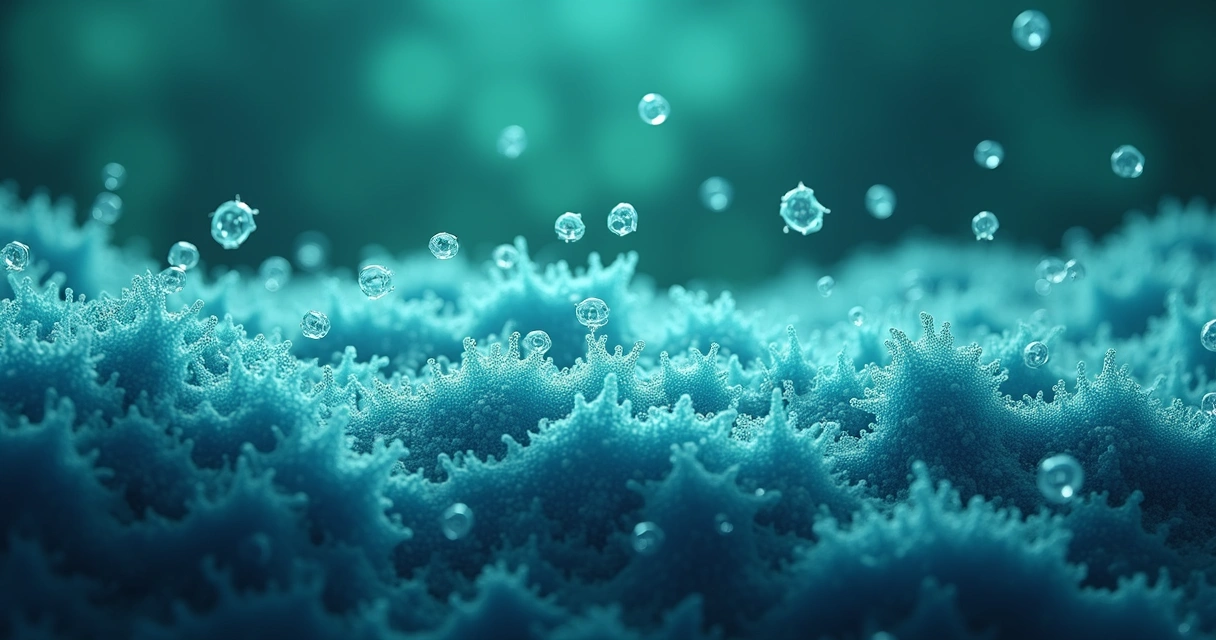 Biofilme bacteriano visto no microscópio, com colônias formando uma camada densa 