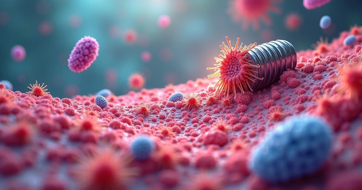 O papel da rifampicina em infecções ósseas com implante 4 Representação de microscopia mostrando biofilme colorido em uma superfície de prótese metálica