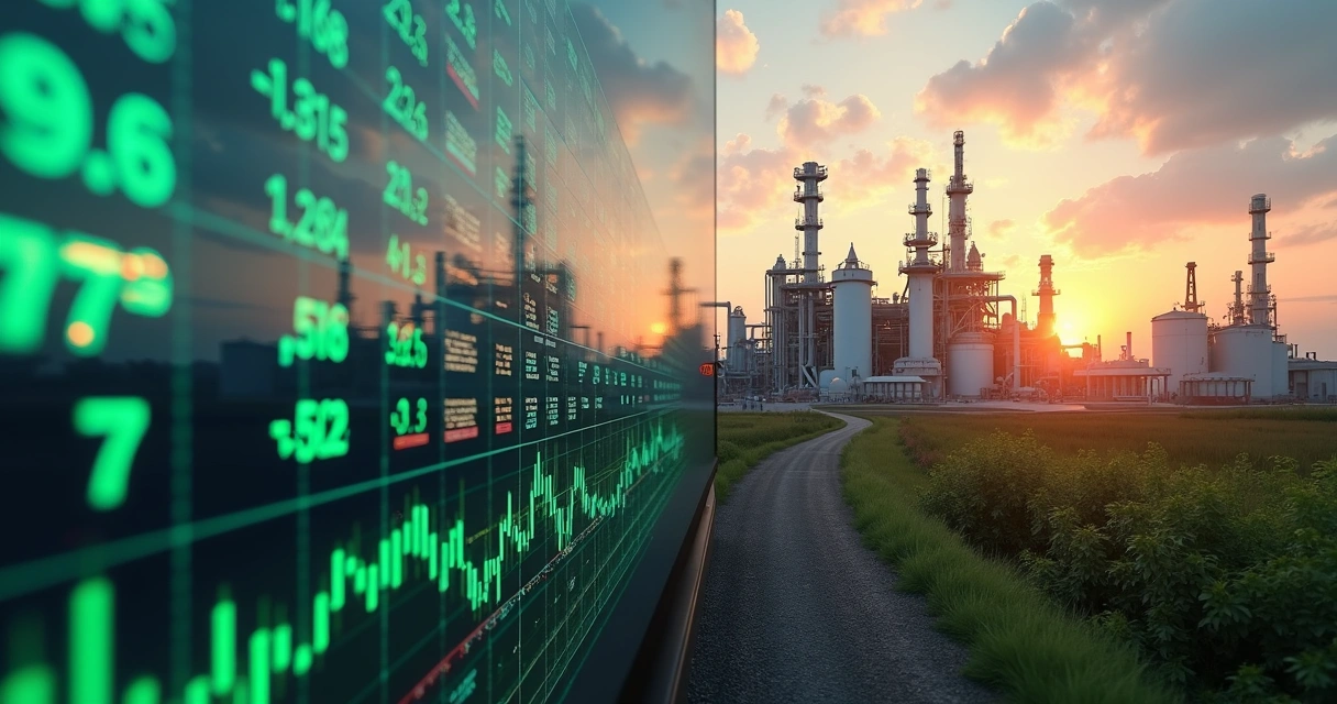 Biofuel plant with trading charts showing mark-to-market values