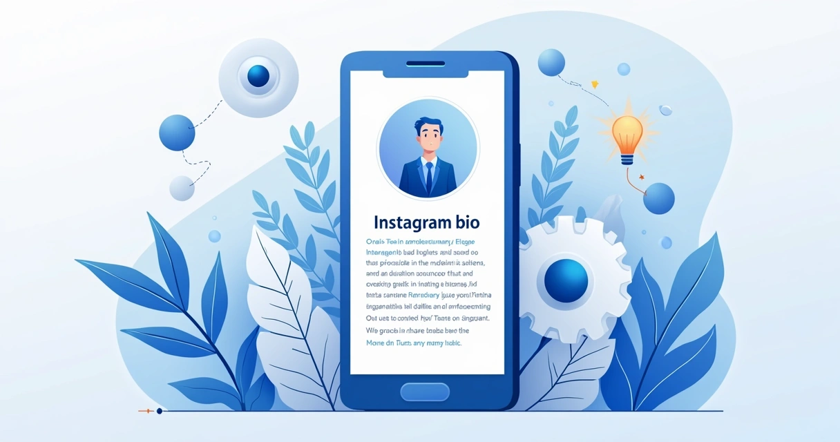 Ilustração corporativa flat de smartphone com tela de bio do Instagram mostrando frases curtas e impactantes, com elementos gráficos de conexão, engajamento e comunicação estratégica, fundo clean azul e branco 