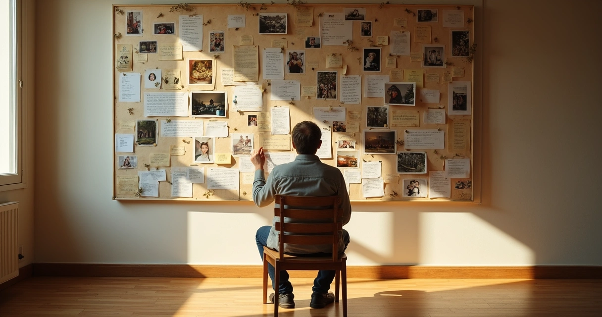 Pessoa adulta observando mural de fotos e lembranças refletindo sobre sua história de vida 