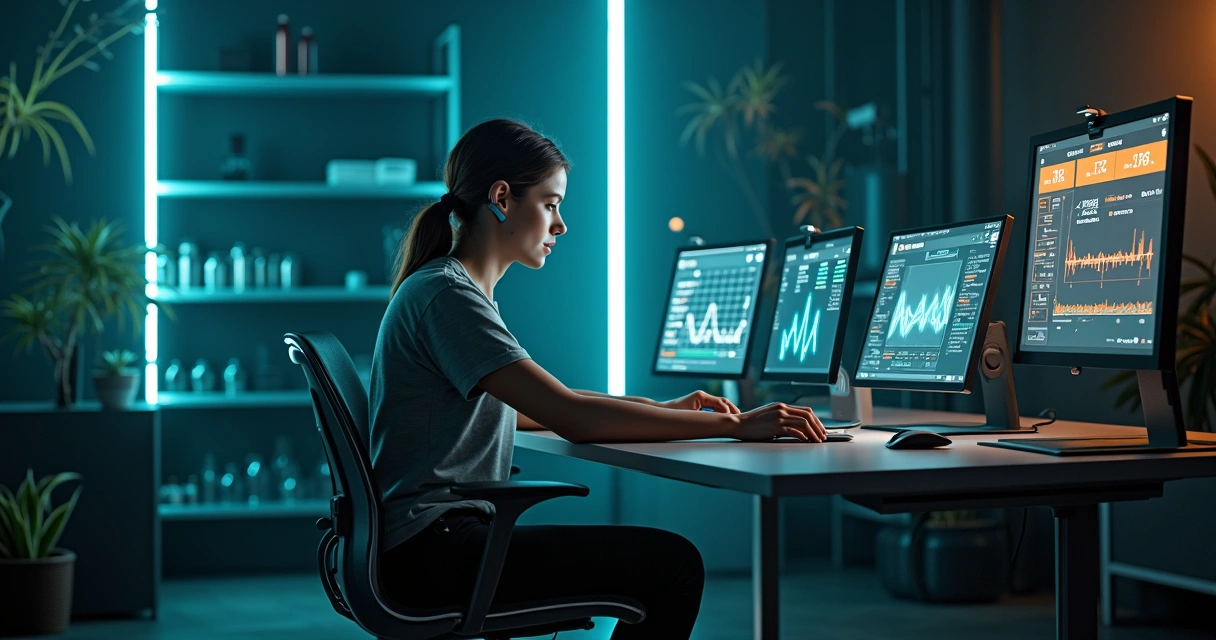Person connected to biometric sensors facing a translucent ethical line in a futuristic lab 