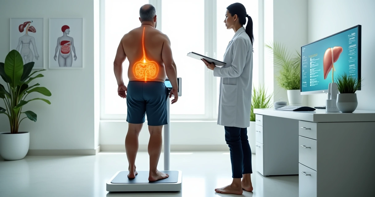 Profissional avaliando gordura visceral com bioimpedância em paciente acima do peso 