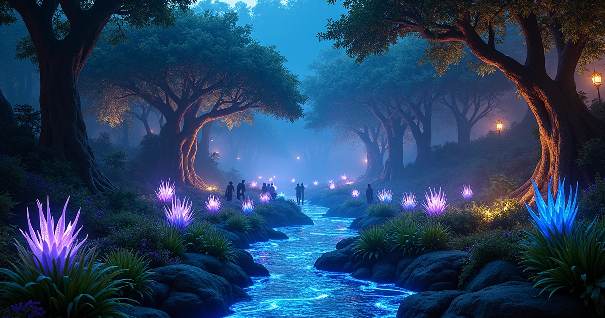 Caminho com plantas bioluminescentes em Pandora à noite 