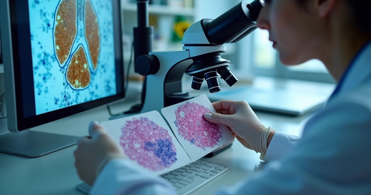 Laboratório analisando biomarcadores de câncer