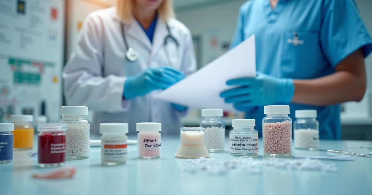 Biomateriais odontológicos em bancada clara, técnicos analisando riscos e descrições 