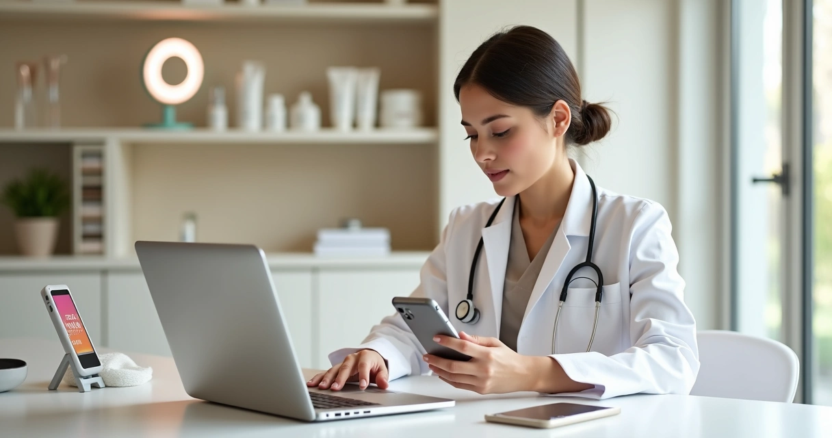 Biomédica em consultório moderno olhando para celular com redes sociais na tela do notebook 