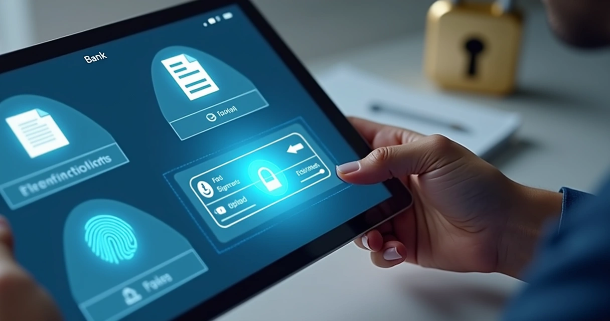 Tela de autenticação digital e biometria em aplicativo financeiro. 