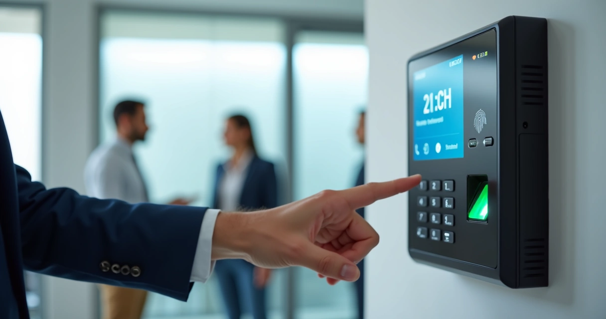 Funcionário registrando ponto digital com biometria em empresa pequena 