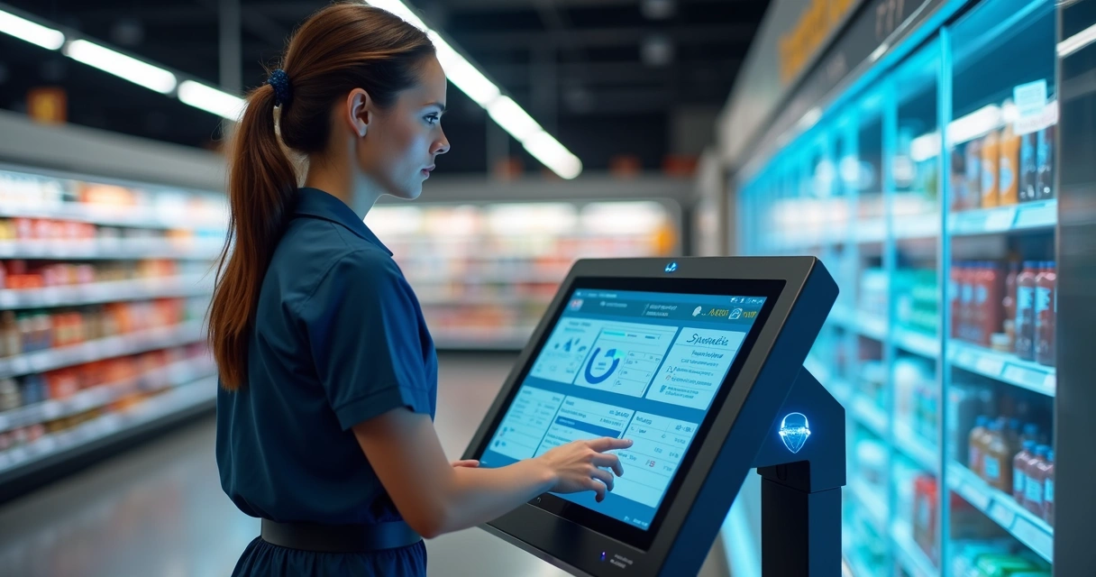 Funcionário de supermercado usando biometria facial em terminal digital 