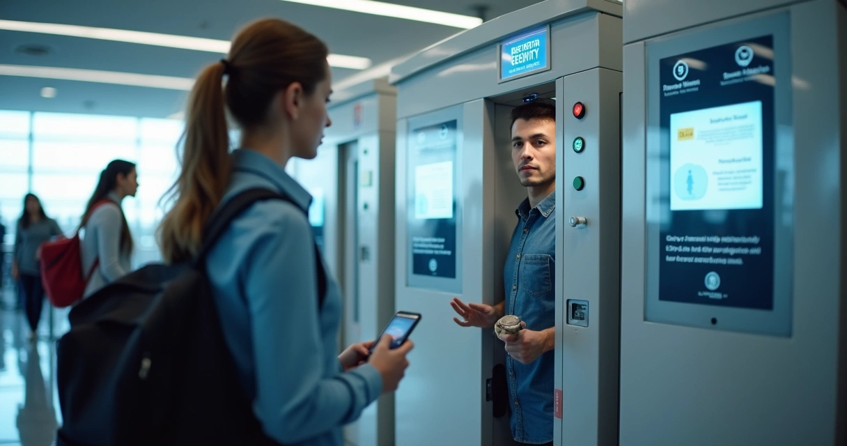 Passageiro usando biometria em aeroporto moderno. 