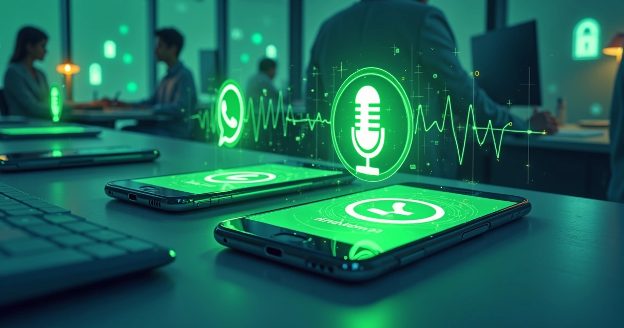 Representação visual de biometria vocal aplicada em uma conversa de WhatsApp com fundo corporativo 