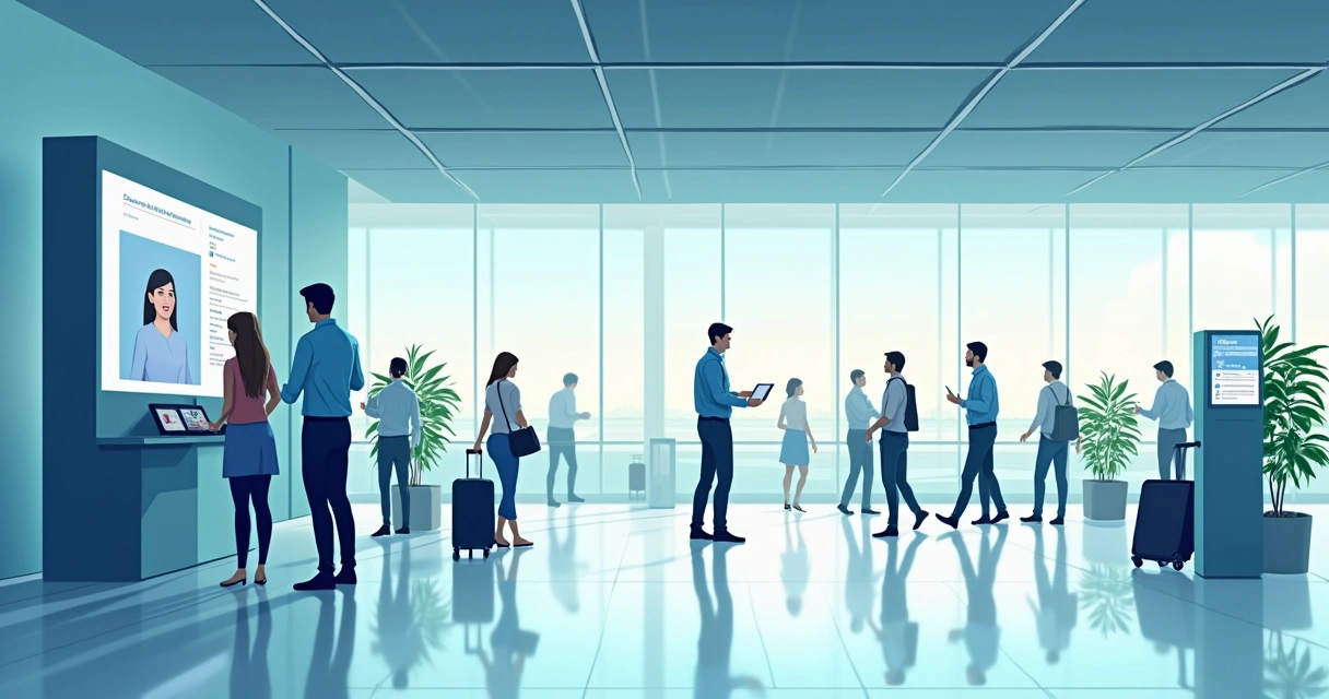 Biometric ID self-check kiosk at airport entrance with business traveler 