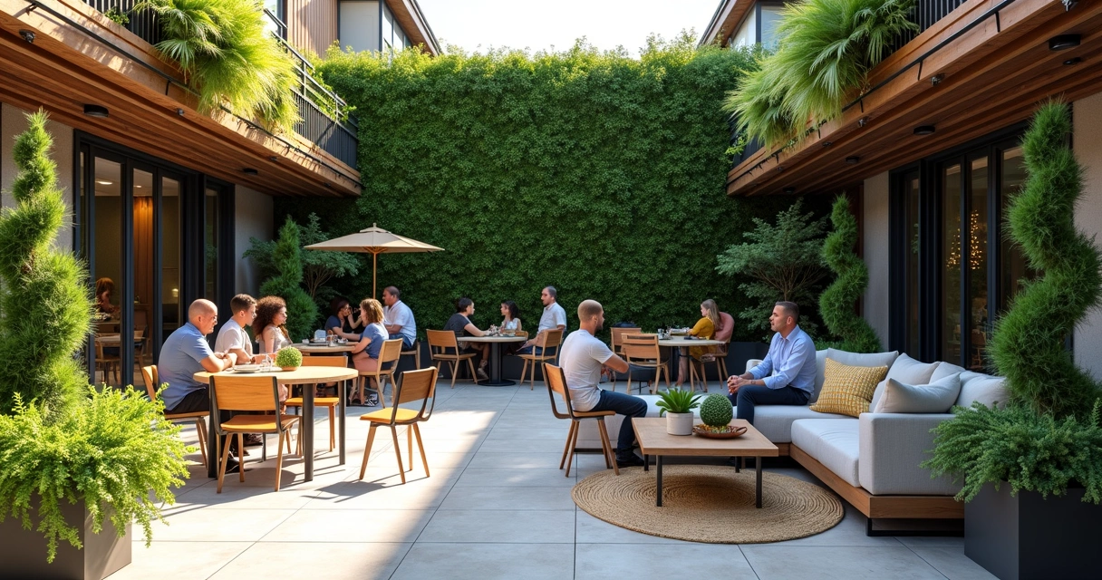 Biophilic commercial patio with planters and vertical gardens