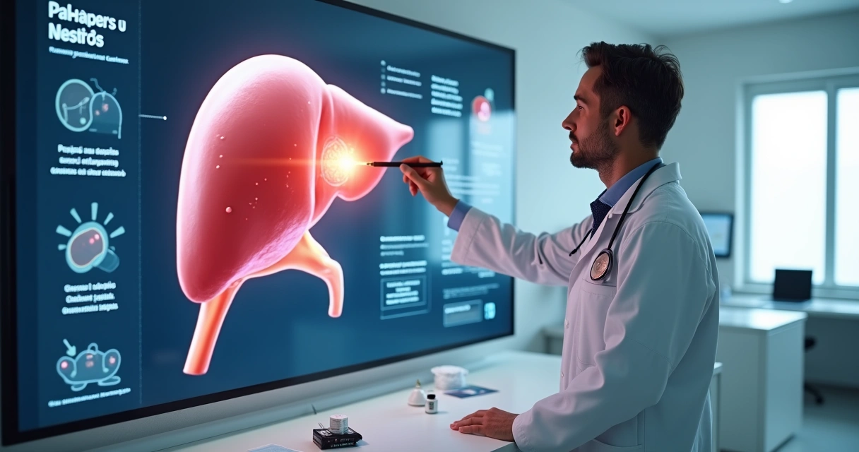 Hepatologista segura esquema ilustrado de biópsia hepática ao lado de imagem do fígado 