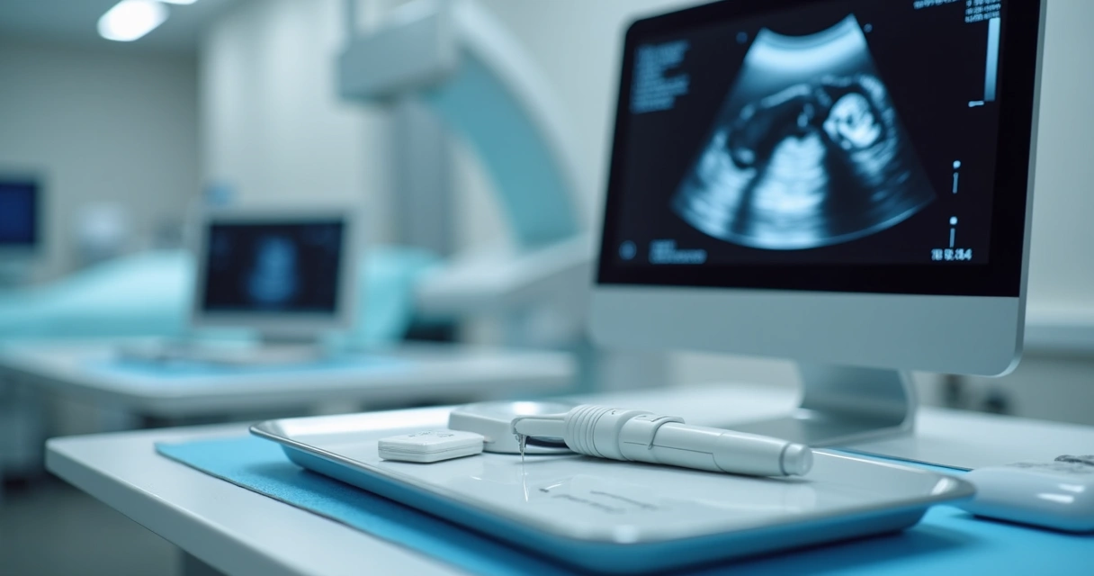 Equipamento de biópsia prostática ao lado de imagem médica da próstata 