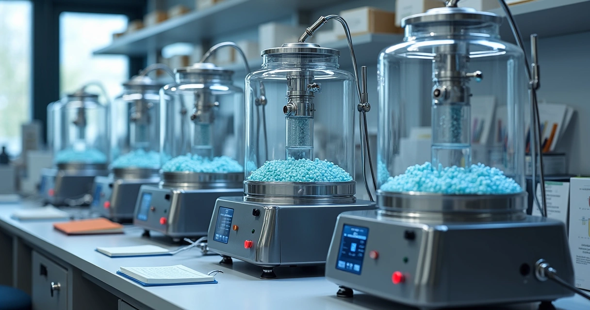 Vários equipamentos de biorreatores de bancada em um laboratório 