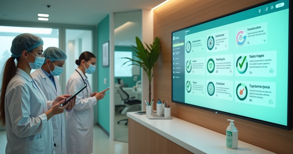 Equipe de consultório odontológico configurando painel digital de biossegurança 