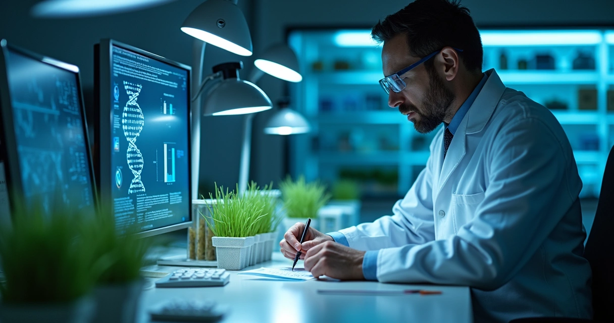 Pesquisador em laboratório com tubos de ensaio, plantas geneticamente modificadas e computadores 
