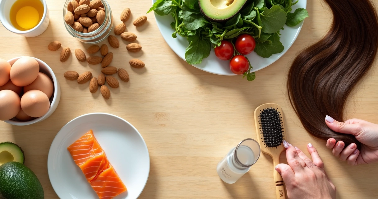 Mesa com alimentos ricos em biotina ao lado de cosméticos para cabelos e unhas 
