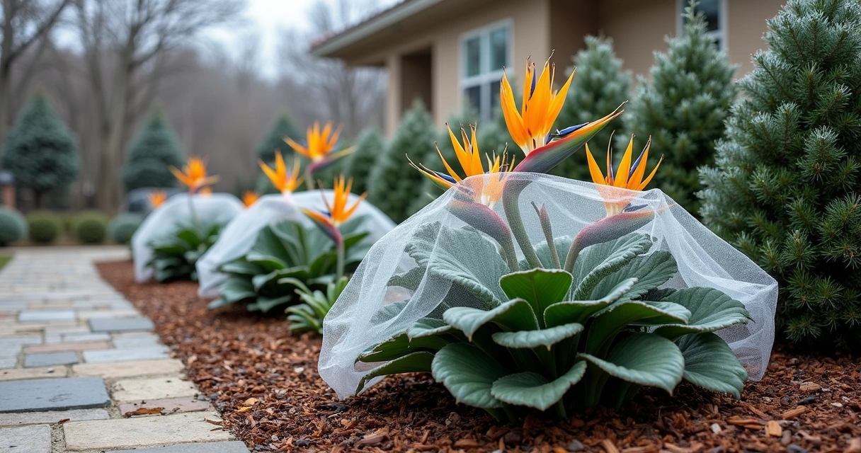Bird of paradise plants covered with cloth for freeze protection, in Austin landscape.