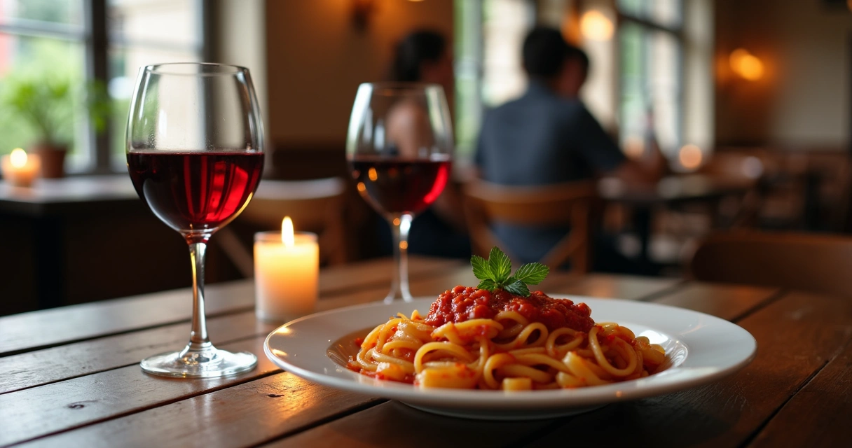 Wine glasses and Italian food at a cozy restaurant table 