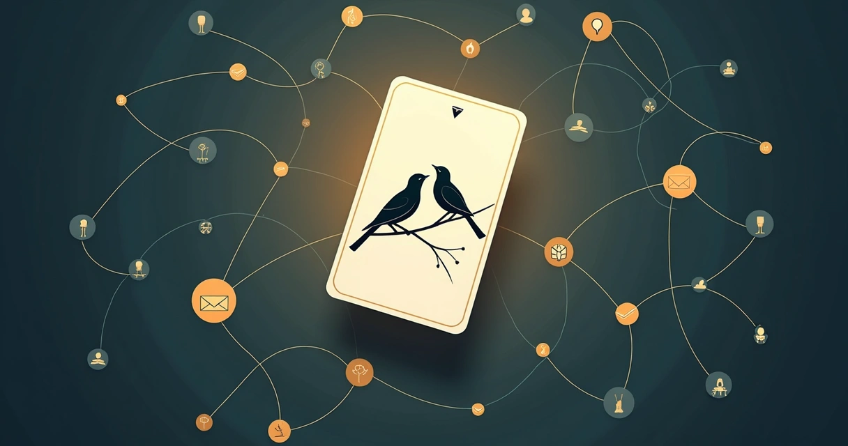 Lenormand Birds card floating above stylized social network connections 
