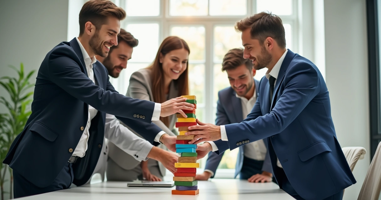 A diverse work team collaboratively building a structure with colorful blocks, each person representing a different birth order role 