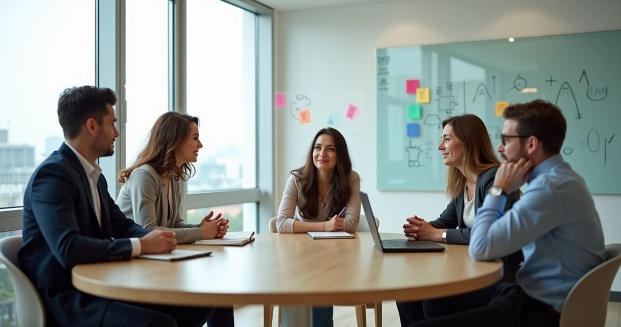 Adult team in meeting room with subtle child silhouettes behind them 
