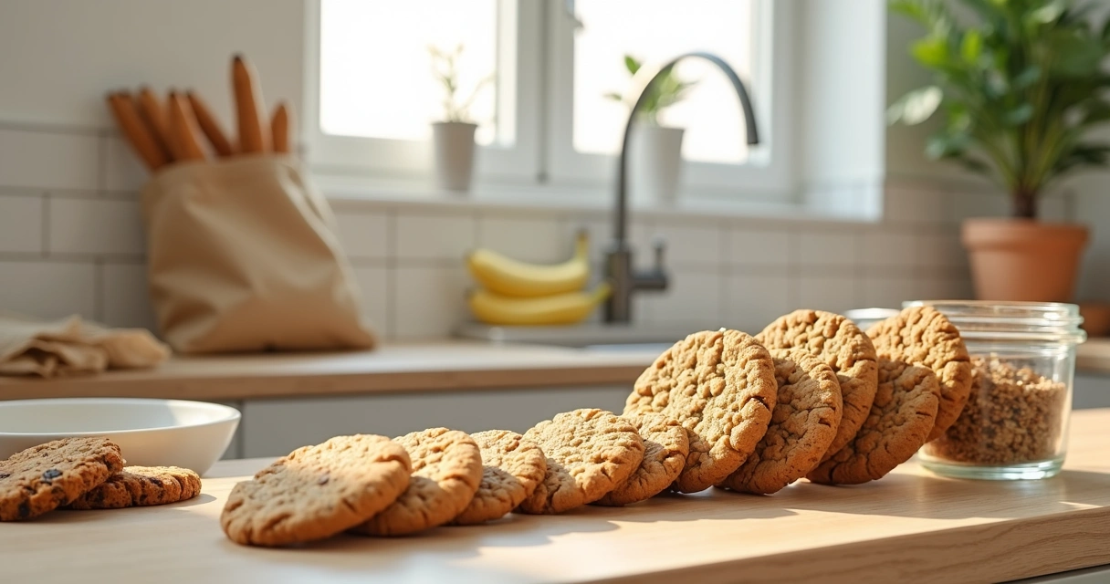 Variedade de biscoitos saudáveis em potes de vidro sobre bancada de cozinha clara 