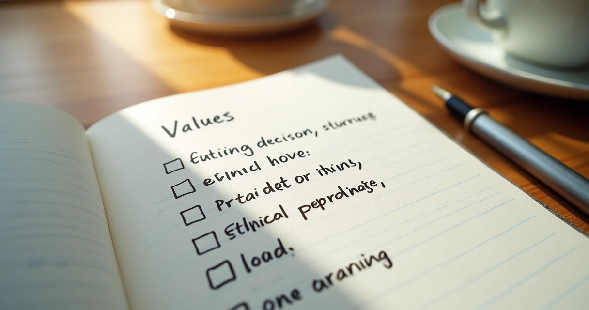 Cuaderno con lista de valores y reflexión ética