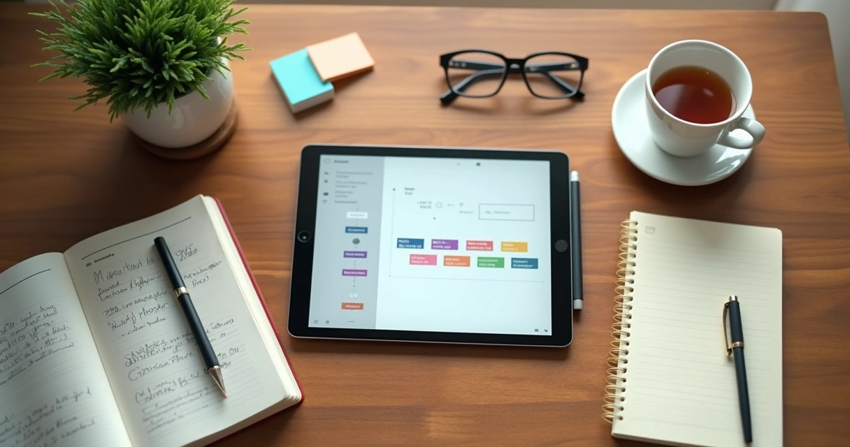 Mesa con tableta digital mostrando cronología de notas personales junto a cuaderno y planta. 