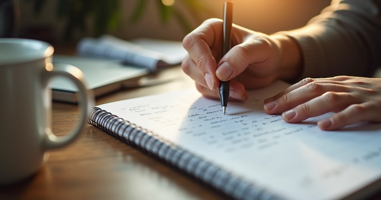 Mano escribiendo en cuaderno de notas sobre fondo de madera