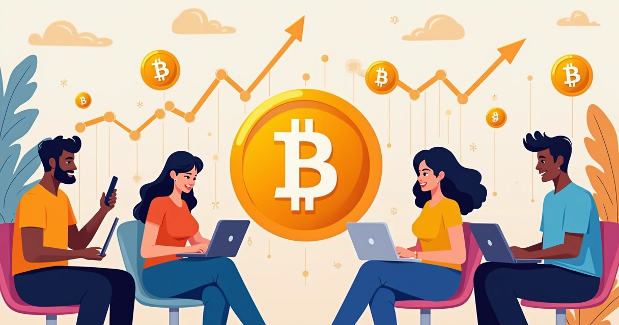 Ilustração de adoção digital crescente com símbolos de bitcoin e gráficos de alta 