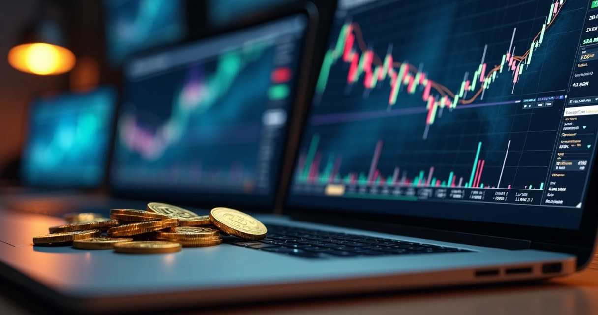 Representação realista de bitcoin em moedas douradas sobre teclado de computador com telas mostrando gráficos de trading automatizado ao fundo 