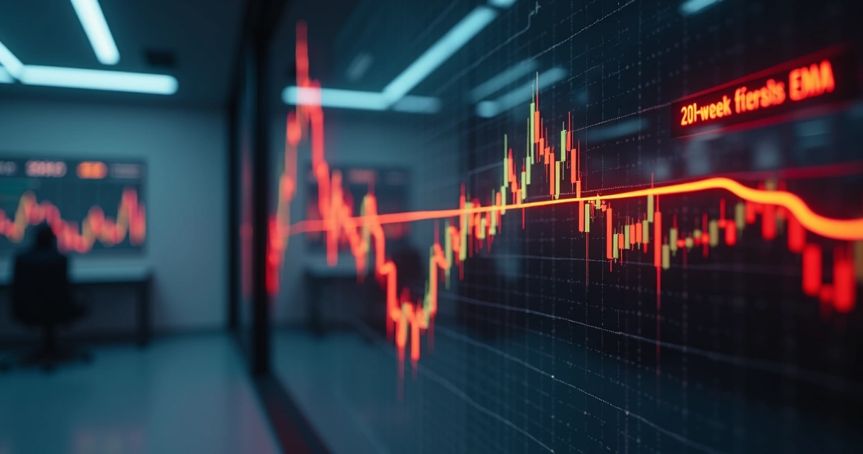 Gráfico de velas do bitcoin encostando em média móvel vermelha em cenário escuro 