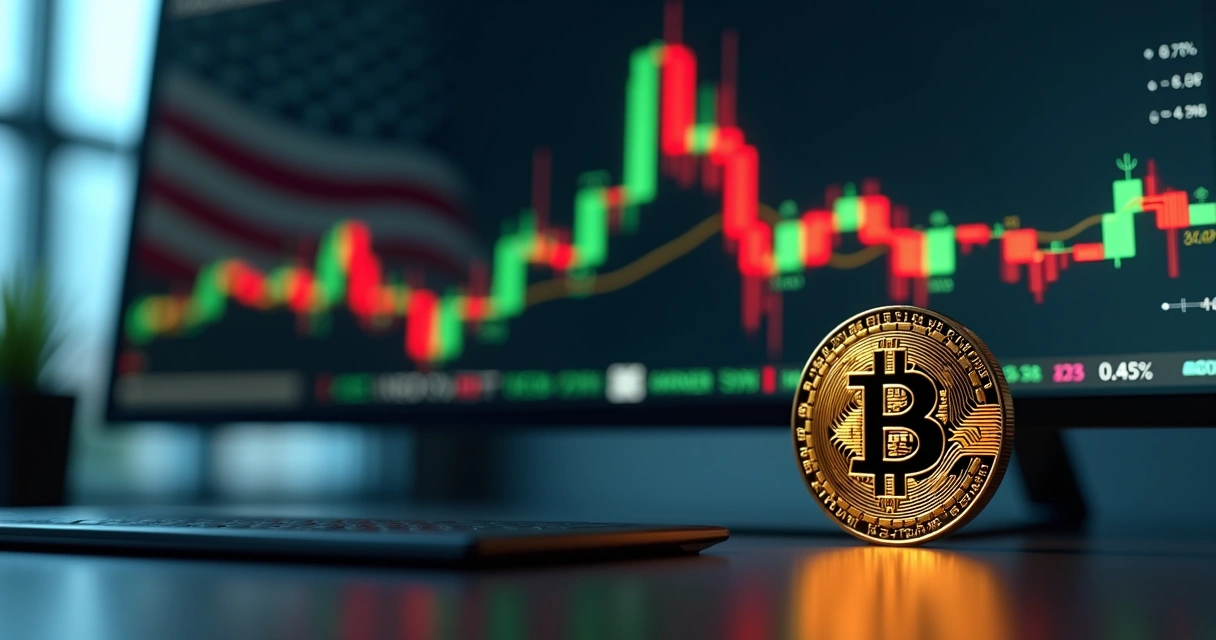 Gráfico de bitcoin em alta diante de bandeira dos Estados Unidos e números econômicos 