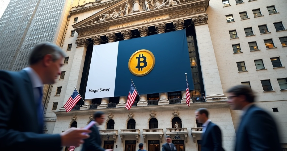 Fachada da Bolsa de Nova York com bandeira do bitcoin e logotipo do Morgan Stanley 