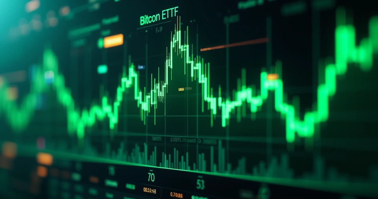 Tela ultra detalhada mostrando painel financeiro com gráfico de Bitcoin ETF subindo em fundo escuro 