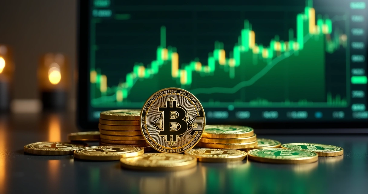 Moedas físicas de Bitcoin em foco com gráfico financeiro ascendente ao fundo 
