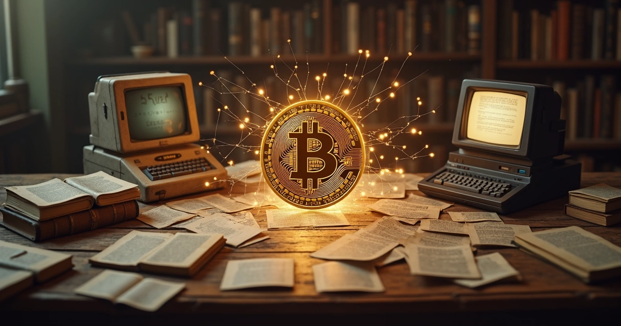 Conceito visual de descentralização e origem do bitcoin em uma mesa com livros e computadores antigos 