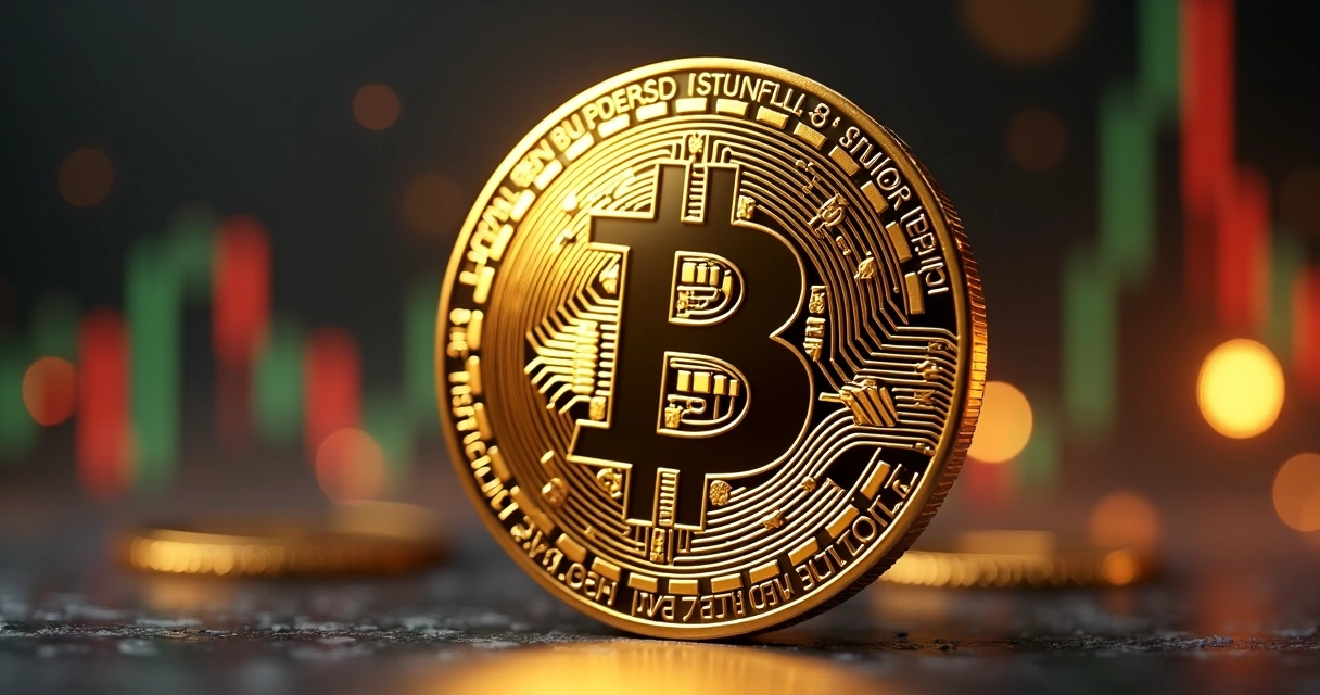 Símbolo do Bitcoin dourado em destaque sobre fundo escuro com gráficos financeiros levemente desfocados 