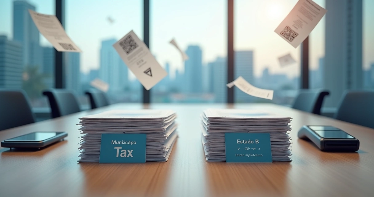 Mesa dividindo documentos fiscais em dois montes representando cobrança dupla de tributos 