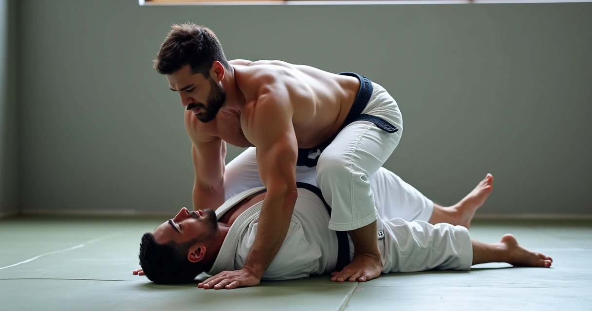 BJJ practitioners demonstrating mount position with one controlling opponent's upper body on a mat