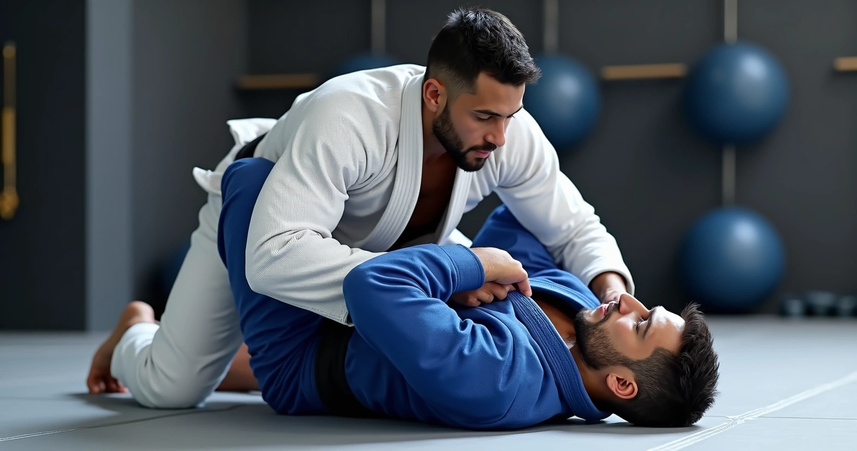 BJJ practitioner executing omoplata submission from closed guard with detailed leg and arm control