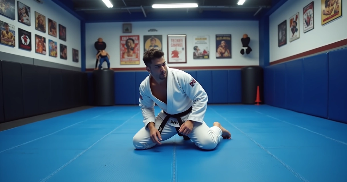 Practitioner performing BJJ solo drills on mat