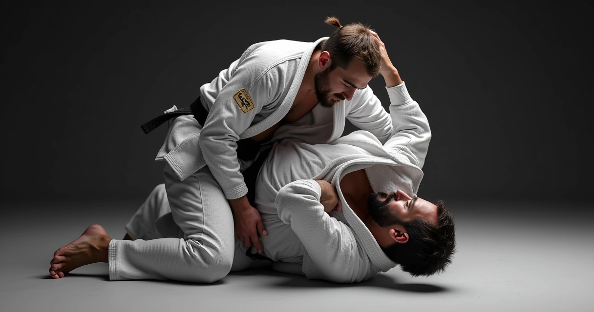 Two BJJ practitioners demonstrating triangle choke from guard with precise leg and arm positioning